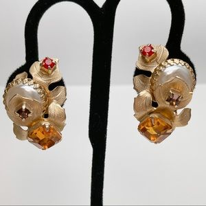 Vintage Faux Pearl Topaz Orange Goldtone Earrings